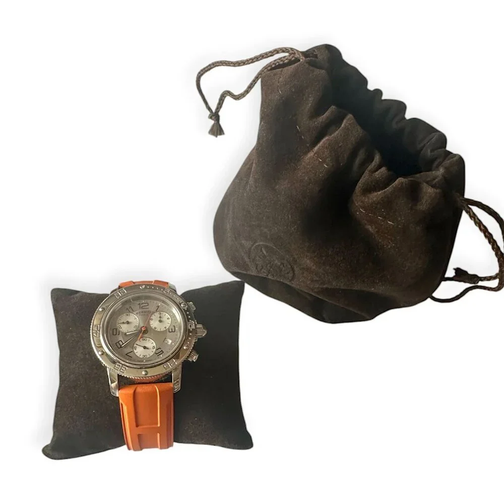 Hermès Clipper CP2.410 Diver Chronograph 36mm Orange Strap Watch Set